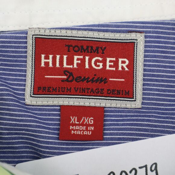 Tommy Hilfiger Denim Shirt Mens XL Blue Green Striped Logo Button Up Casual - Picture 2 of 16